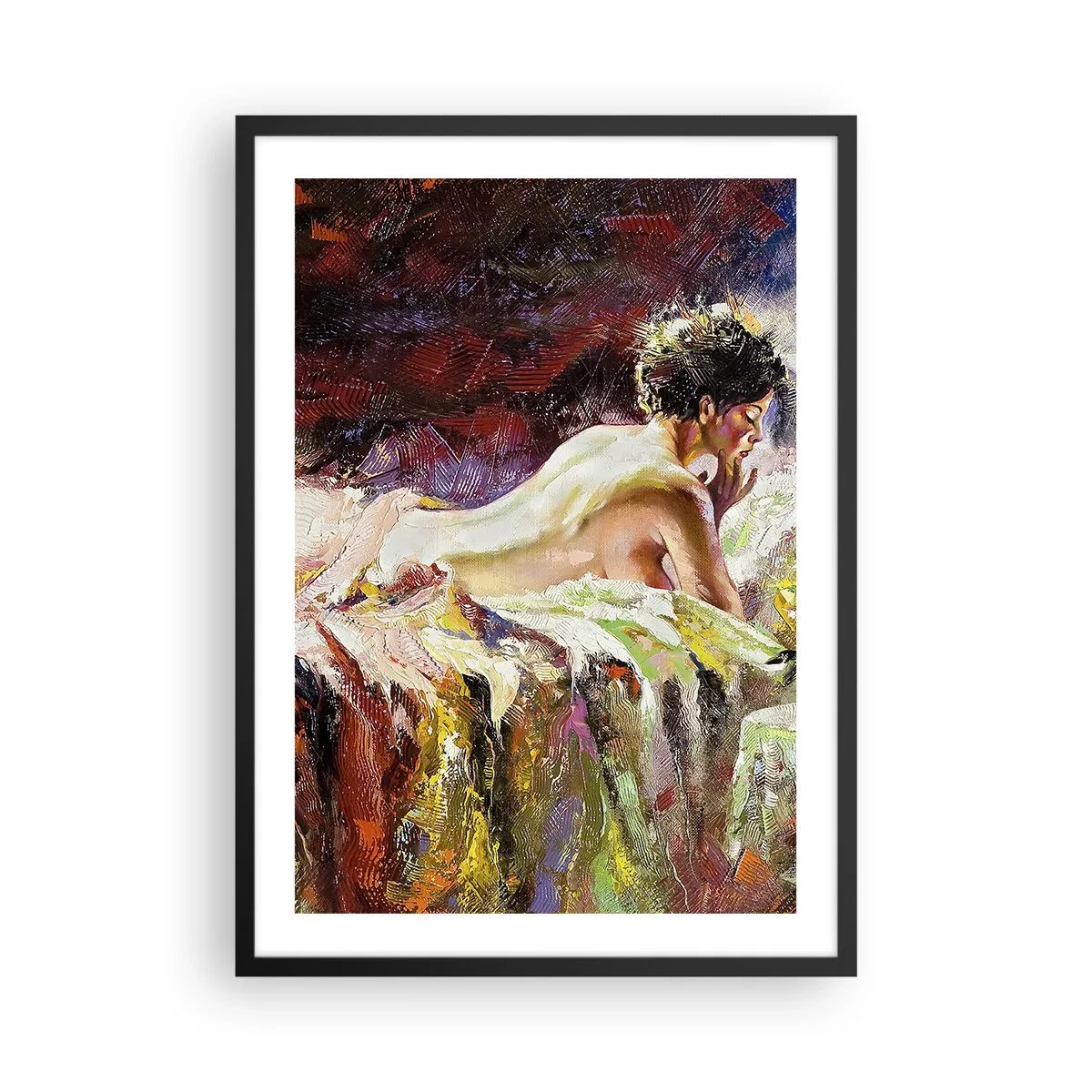 Plakát v černém rámu - Umělecký akt ženy v barevném prostředí - 50x70cm - Zamyšlená Venuše - Moderní nástěnná dekorace do obývacího pokoje a ložnice ARTTOR