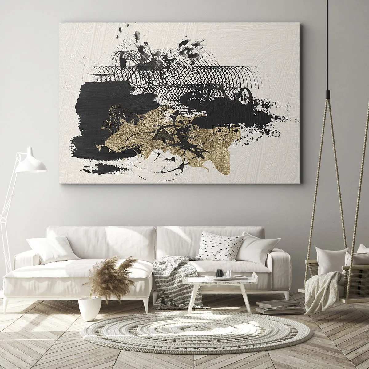 Obraz na plátně - Abstraktní obraz v černé a zlaté barvě s dynamickými liniemi a strukturami. - 70x50cm - Kompozice s vášní - Moderní nástěnná dekorace do obývacího pokoje a ložnice ARTTOR