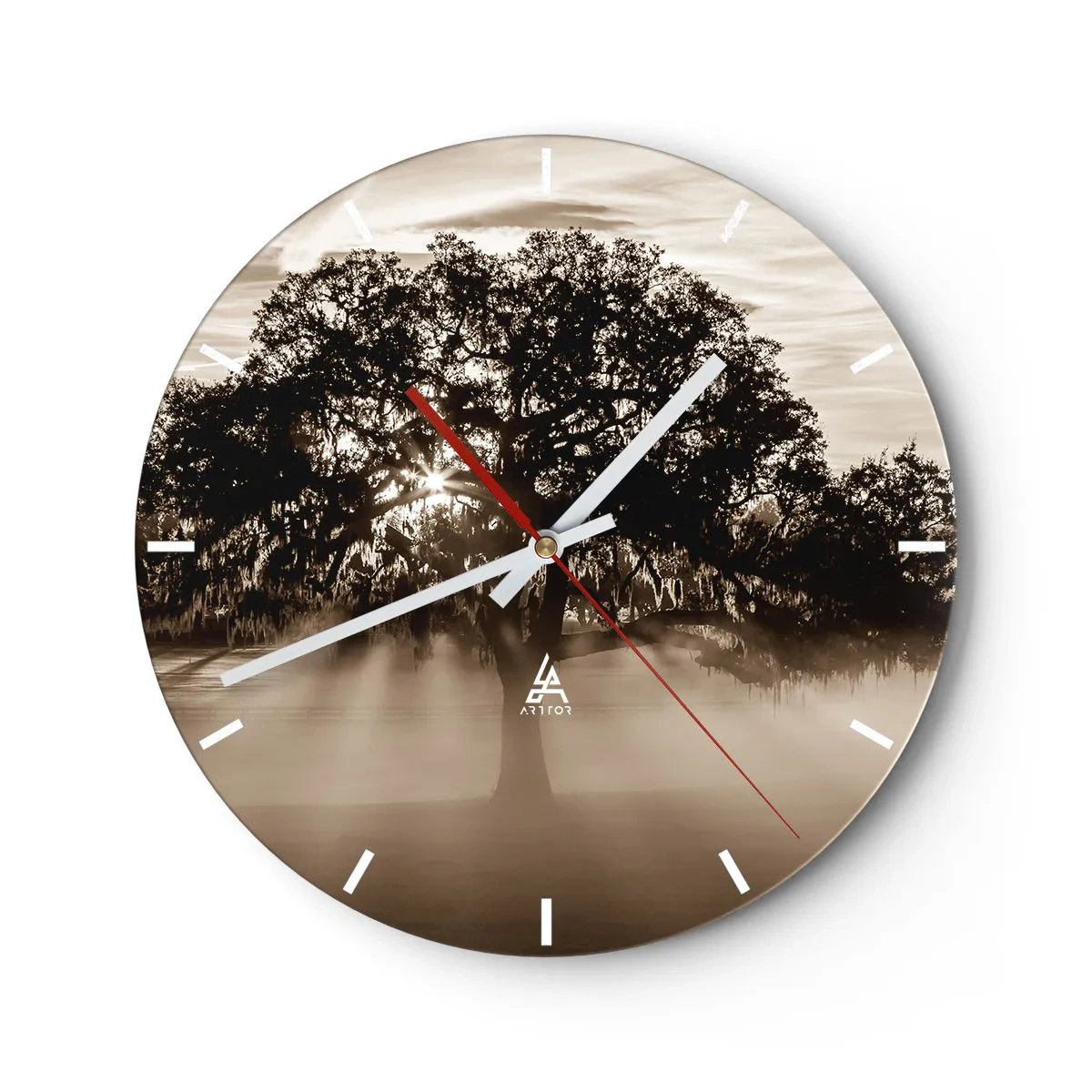 Nástěnné hodiny - Strom v mlhavé scéně za úsvitu v sépiovém odstínu - 30x30cm - Strom zpráv samotného dobra - Moderní nástěnná dekorace do obývacího pokoje, kuchyně a ložnice ARTTOR