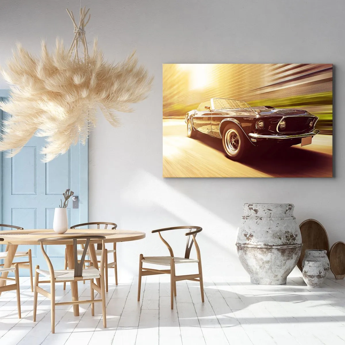 Obraz na plátně - Klasické auto v pohybu na městském pozadí - 70x50cm - 1967 - návrat legendy - Moderní nástěnná dekorace do obývacího pokoje a ložnice ARTTOR