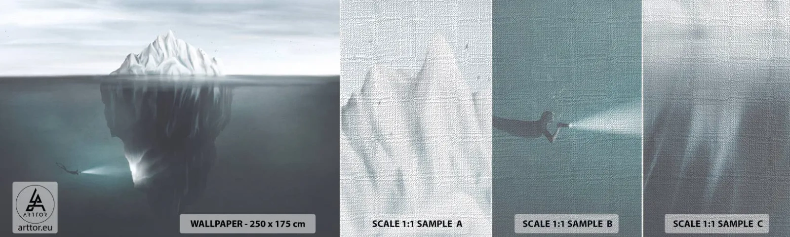 Vzor Fototapety Premium Canvas - Podvodní tajemství - Ledovec, Ledovec, Potápěč - 100x30 cm