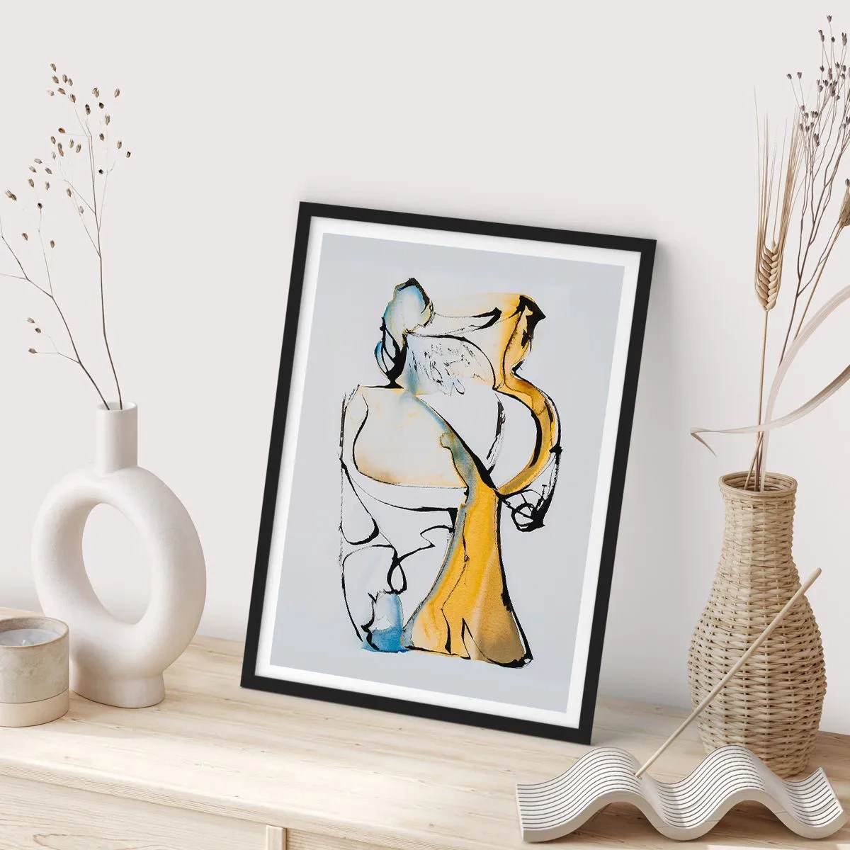 Plakát v černém rámu - Abstraktní postava v černé, žluté a modré barvě, vyjadřující pohyb a emoce. - 50x70cm - Skleněná abstrakce - Moderní nástěnná dekorace do obývacího pokoje a ložnice ARTTOR