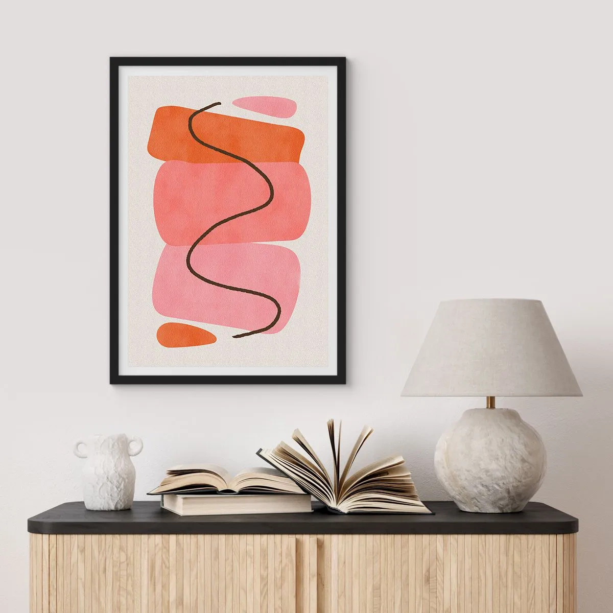 Plakát v černém rámu - Abstraktní kompozice geometrických tvarů - 50x70cm - Jemný pohyb forem - Moderní nástěnná dekorace do obývacího pokoje a ložnice ARTTOR