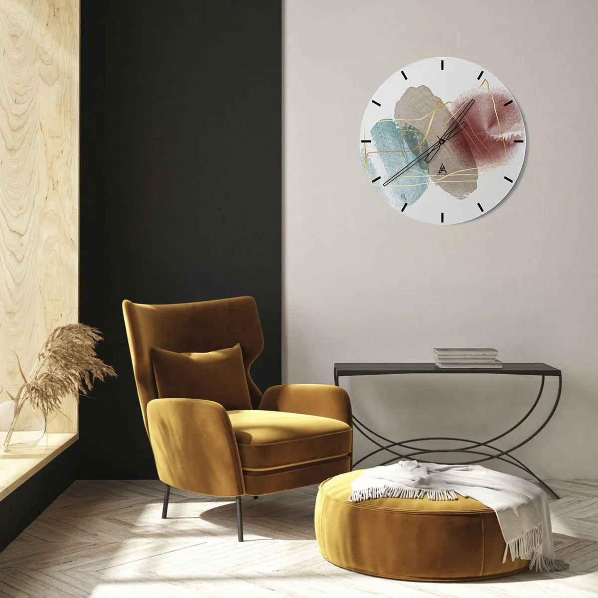 Nástěnné hodiny - Barevné akvarelové cákance a zlaté linky na bílém pozadí - 30x30cm - Korálky prostoru - Moderní nástěnná dekorace do obývacího pokoje, kuchyně a ložnice ARTTOR
