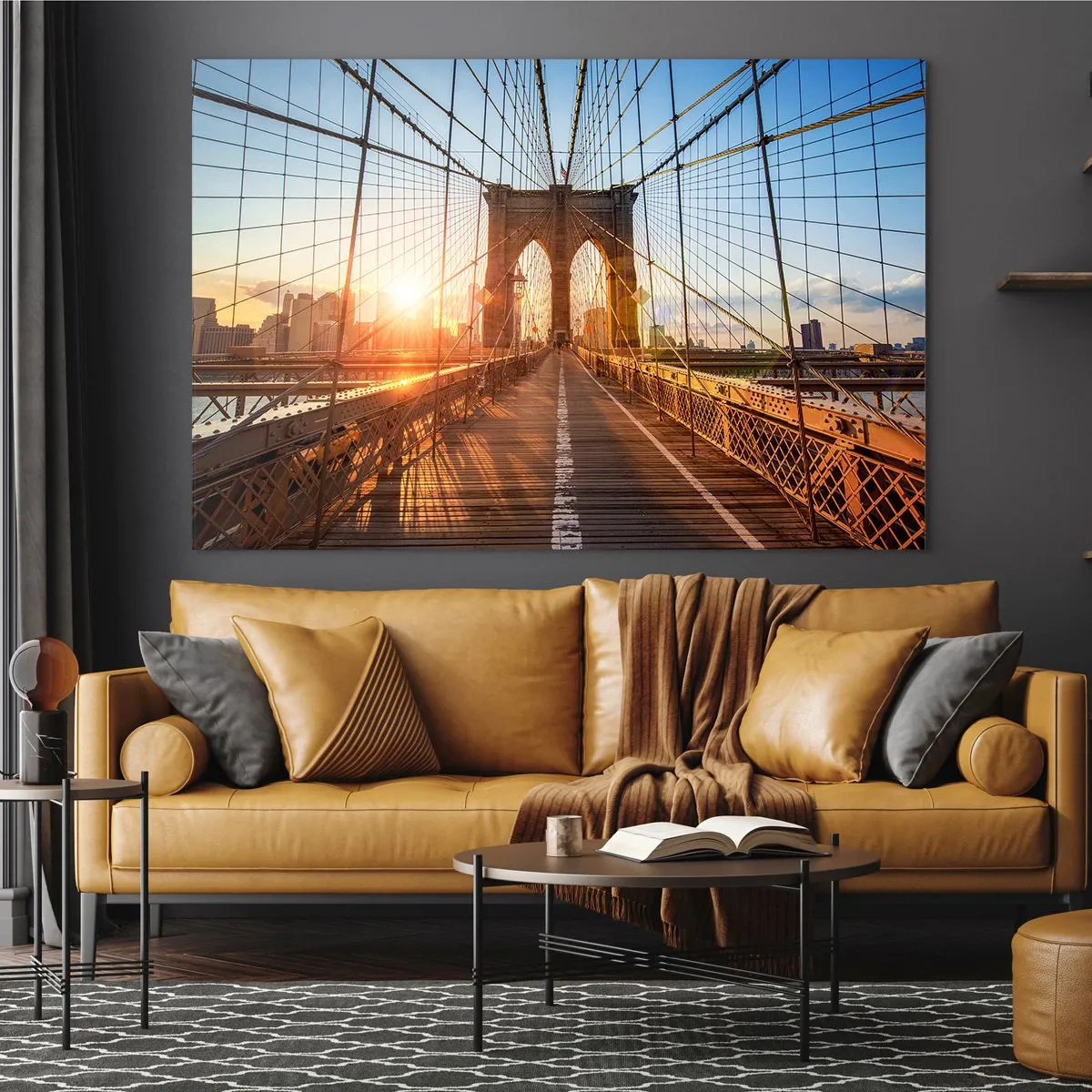 Obraz na skle - Západ slunce na Brooklynském mostě v New Yorku - 70x50cm - Na zlatém mostě - Moderní nástěnná dekorace do obývacího pokoje a ložnice ARTTOR
