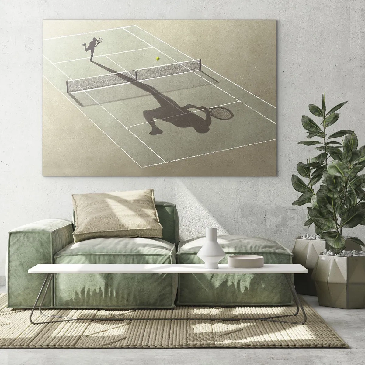 Obraz na skle - Postava tenisty a jeho stín na kurtu během podání - 70x50cm - Dobývání sama sebe - Moderní nástěnná dekorace do obývacího pokoje a ložnice ARTTOR