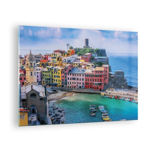 Obraz na skle - Barevné středomořské město u modrého moře - 70x50cm - Středomořské kouzelné městečko - Moderní nástěnná dekorace do obývacího pokoje a ložnice ARTTOR