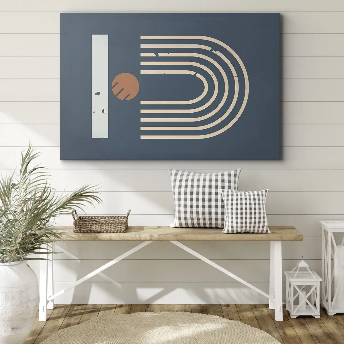 Obraz na plátně - Geometrický vzor v odstínech tmavě modré, béžové a oranžové na tmavém pozadí - 70x50cm - Geometrie v námořnické modři - Moderní nástěnná dekorace do obývacího pokoje a ložnice ARTTOR