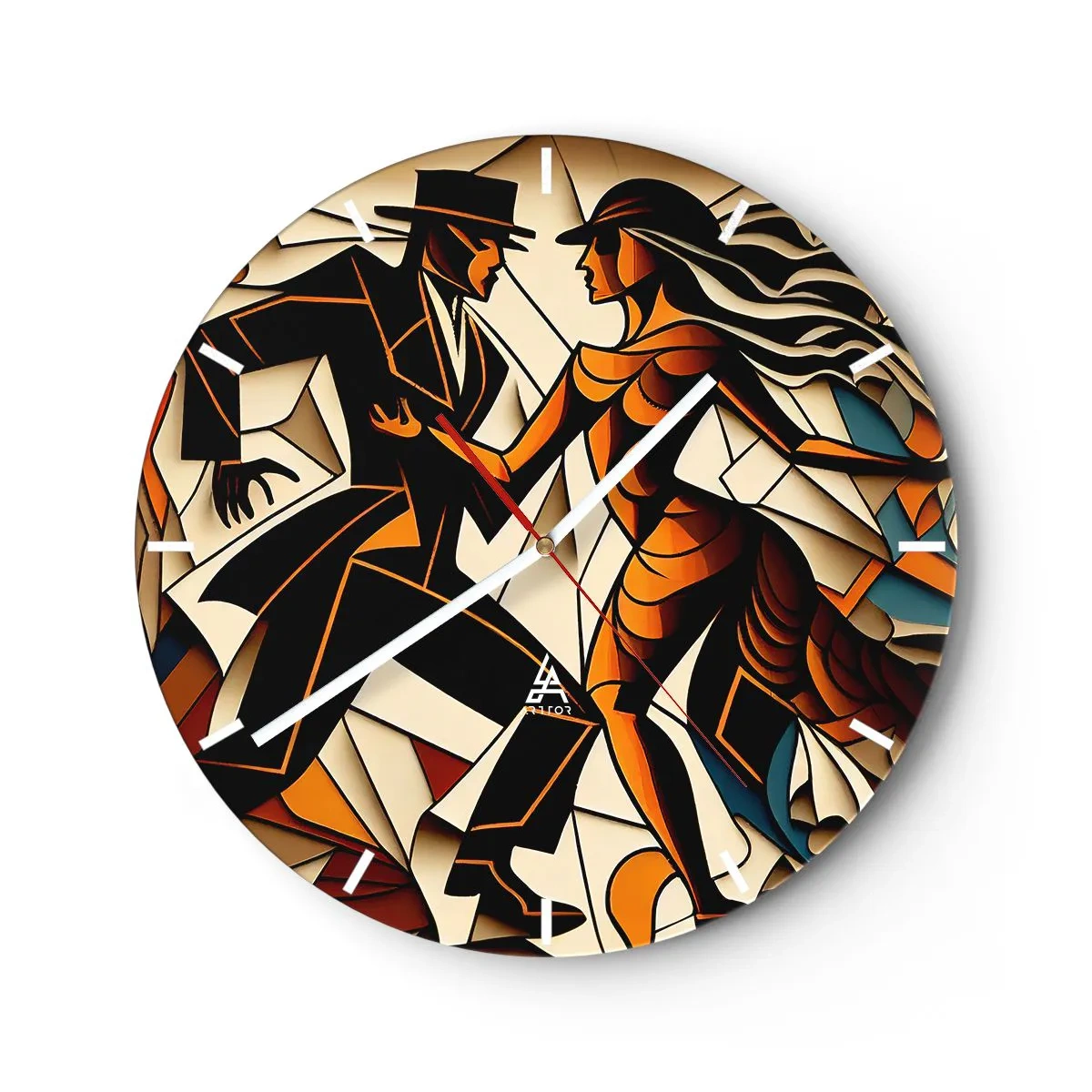 Nástěnné hodiny - Pár tančí ve stylu Art Deco s teplými tóny - 30x30cm - Tanec vřelosti a vášně - Moderní nástěnná dekorace do obývacího pokoje, kuchyně a ložnice ARTTOR