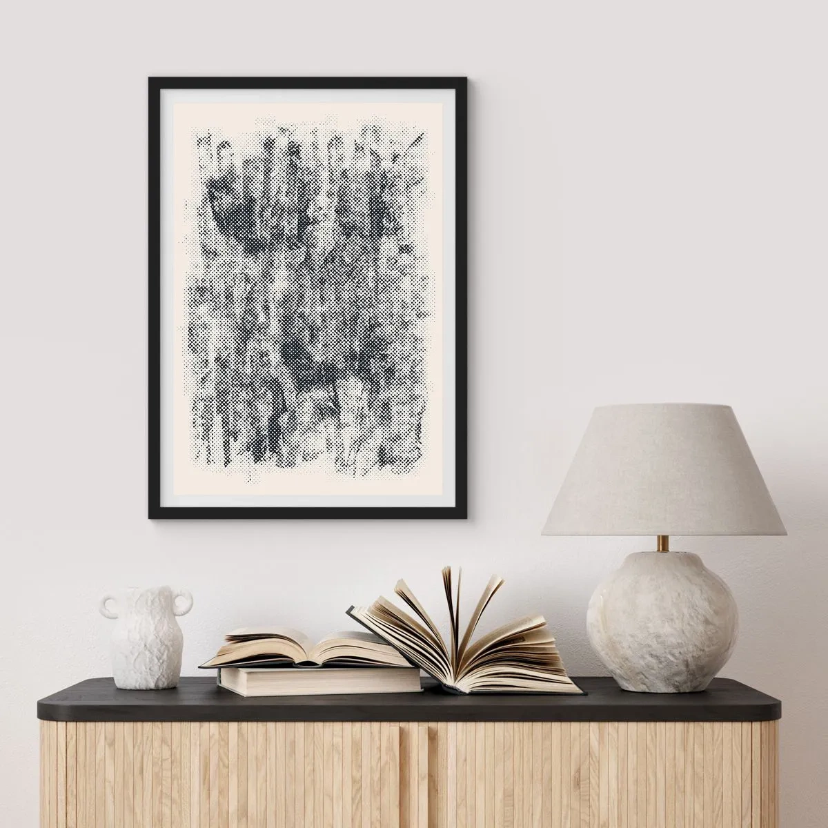 Plakát v černém rámu - Grafický motiv retro lesa - 50x70cm - Mlžná kompozice - Moderní nástěnná dekorace do obývacího pokoje a ložnice ARTTOR