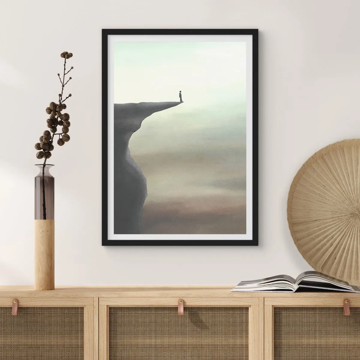 Plakát v černém rámu - Silueta ženy stojící na okraji útesu - 50x70cm - Nahoru, samozřejmě! - Moderní nástěnná dekorace do obývacího pokoje a ložnice ARTTOR