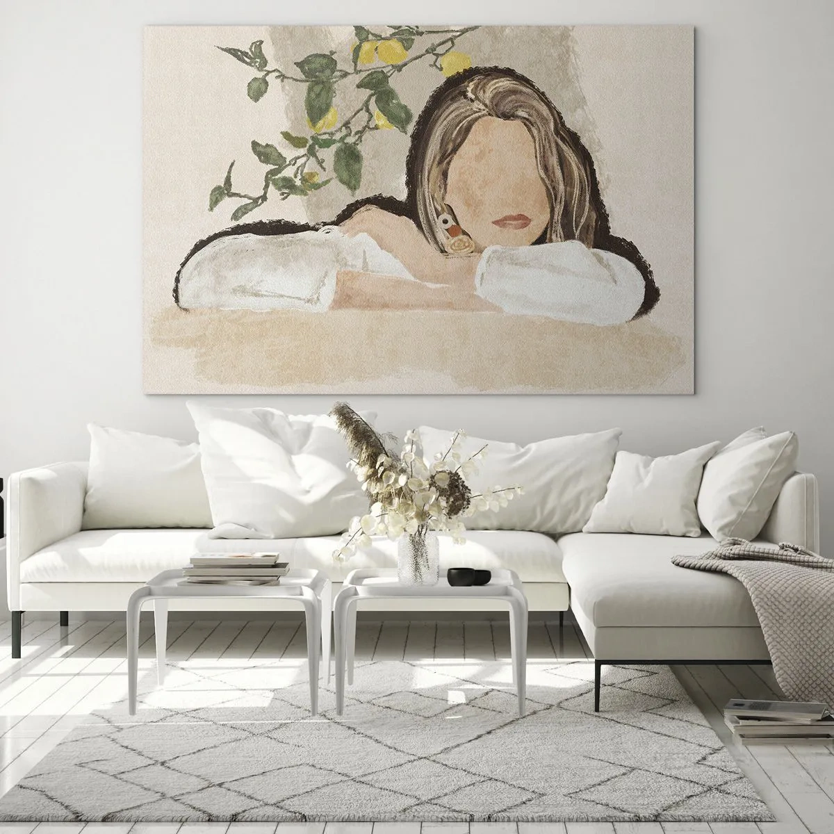 Obraz na skle - Žena opřená o stůl mezi větvemi citroníku, její tvář byla bezvýrazná. - 70x50cm - Krasavice z jihu - Moderní nástěnná dekorace do obývacího pokoje a ložnice ARTTOR