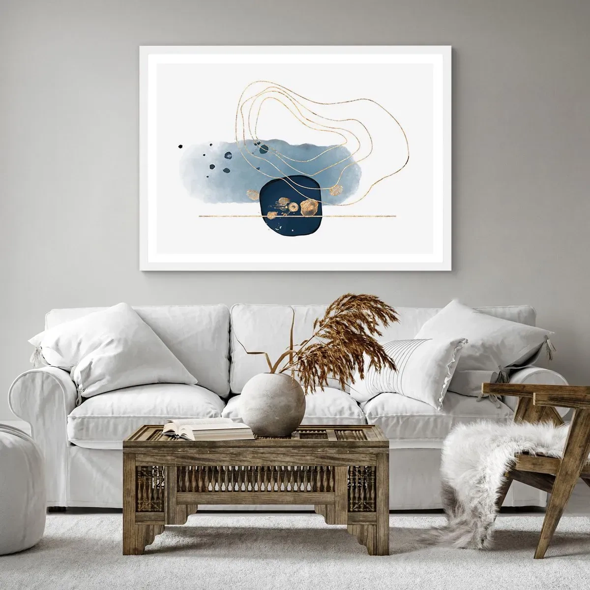 Plakát v bílém rámu - Modro-zlatá fantazie - 70x50 cm