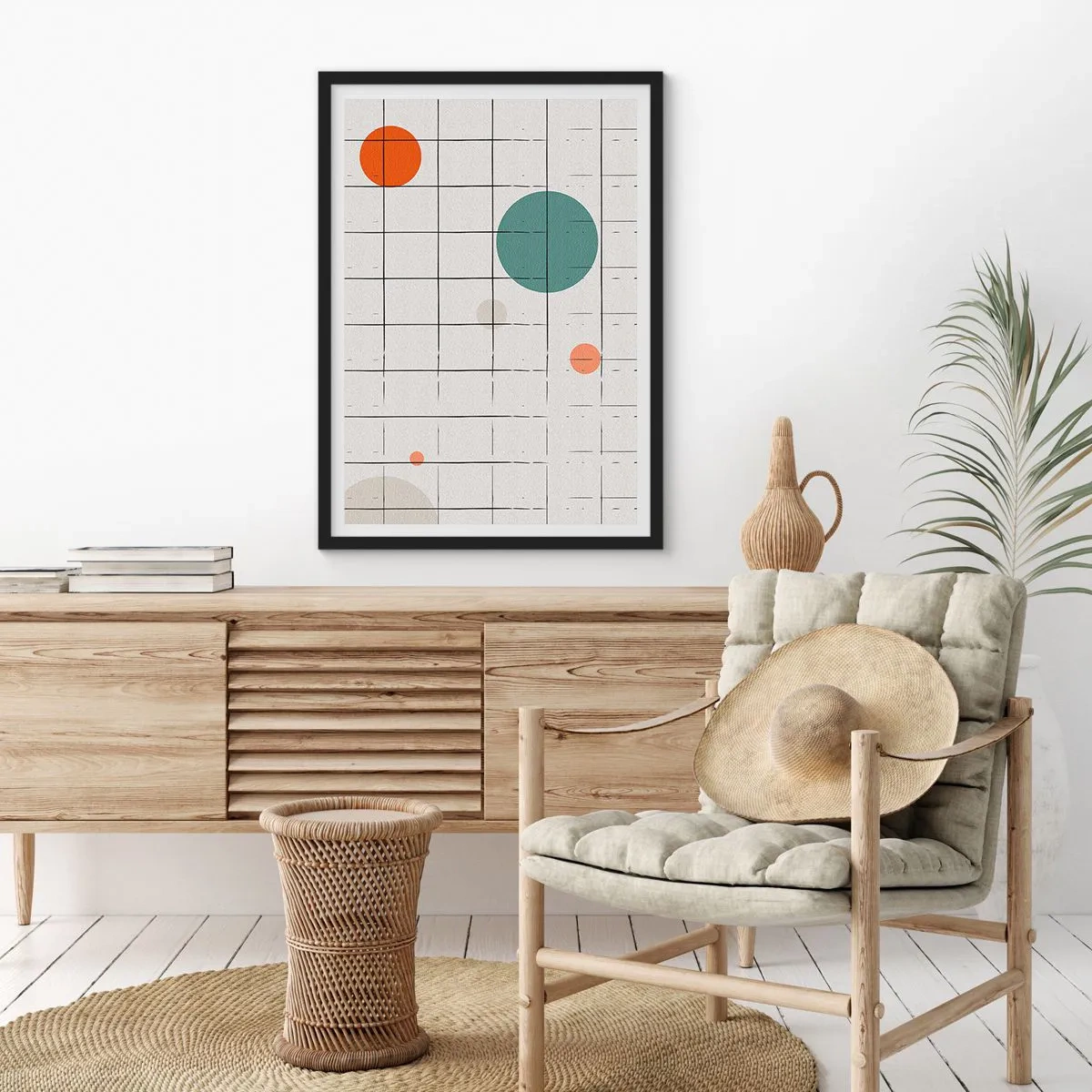 Plakát v černém rámu - Abstraktní kompozice mřížky a barevných kruhů - 50x70cm - V pasti. My nebo ony? - Moderní nástěnná dekorace do obývacího pokoje a ložnice ARTTOR
