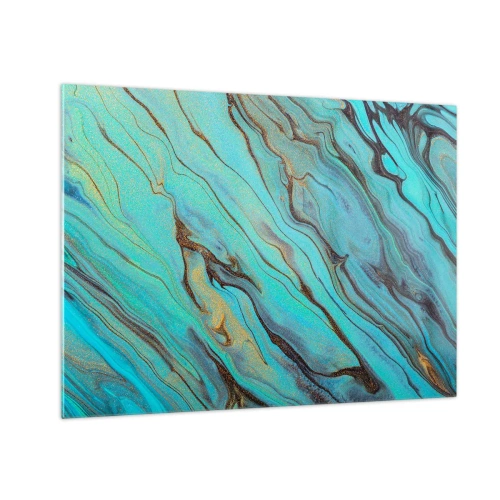 Obraz na skle - Abstraktní pruhy v tyrkysové a zlaté barvě - 70x50cm - Tyrkysový příliv - Moderní nástěnná dekorace do obývacího pokoje a ložnice ARTTOR