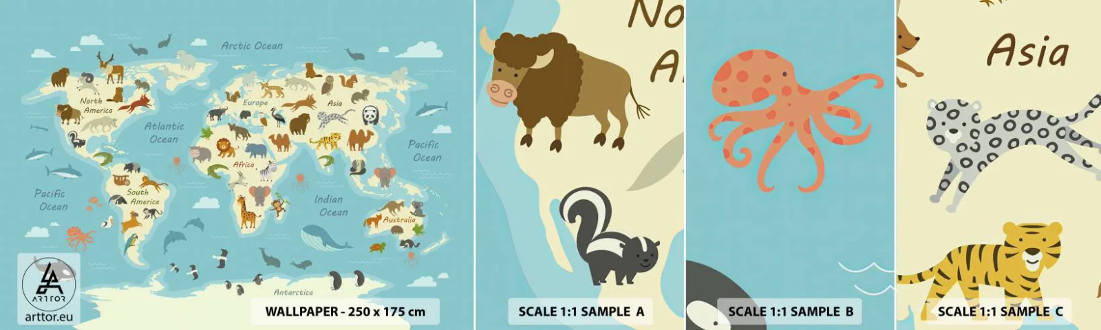 Vzor Fototapety Samolepicí Deluxe Sticker - Dobří sousedé - Mapa světa, Mapa Se Zvířaty, Zvířata - 100x30 cm
