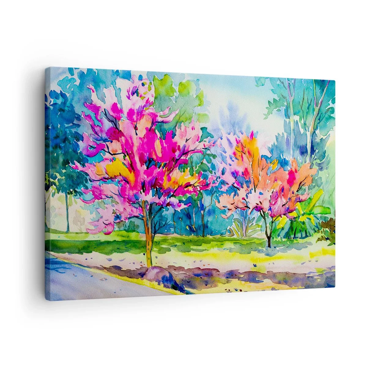 Obraz na plátně - Barevné stromy v parku ve stylu akvarelu - 70x50cm - Duhová zahrada v jarním lesku - Moderní nástěnná dekorace do obývacího pokoje a ložnice ARTTOR