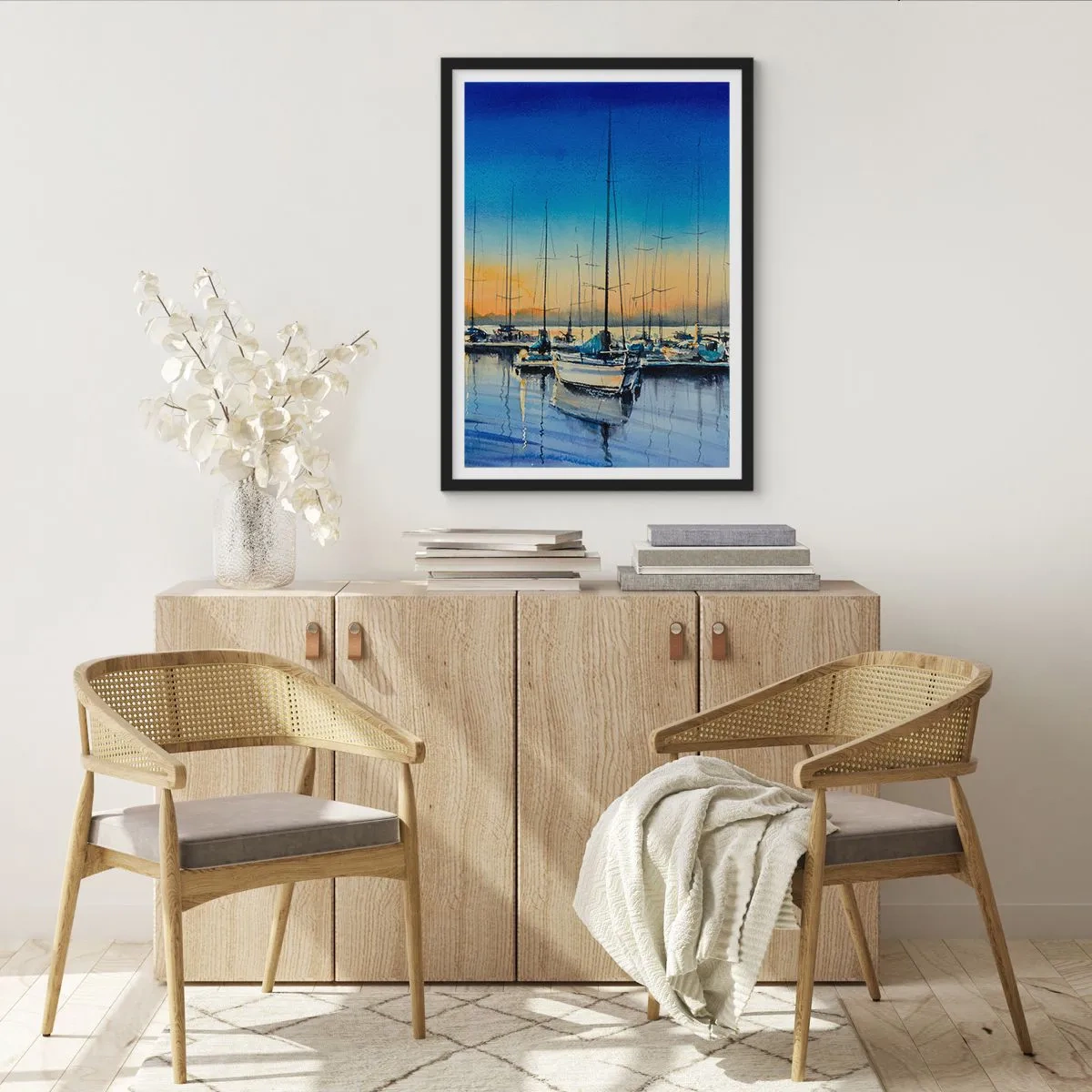 Plakát v černém rámu - Malířská scéna plachetnic v přístavu při západu slunce - 50x70cm - Konec dobrého dne - Moderní nástěnná dekorace do obývacího pokoje a ložnice ARTTOR
