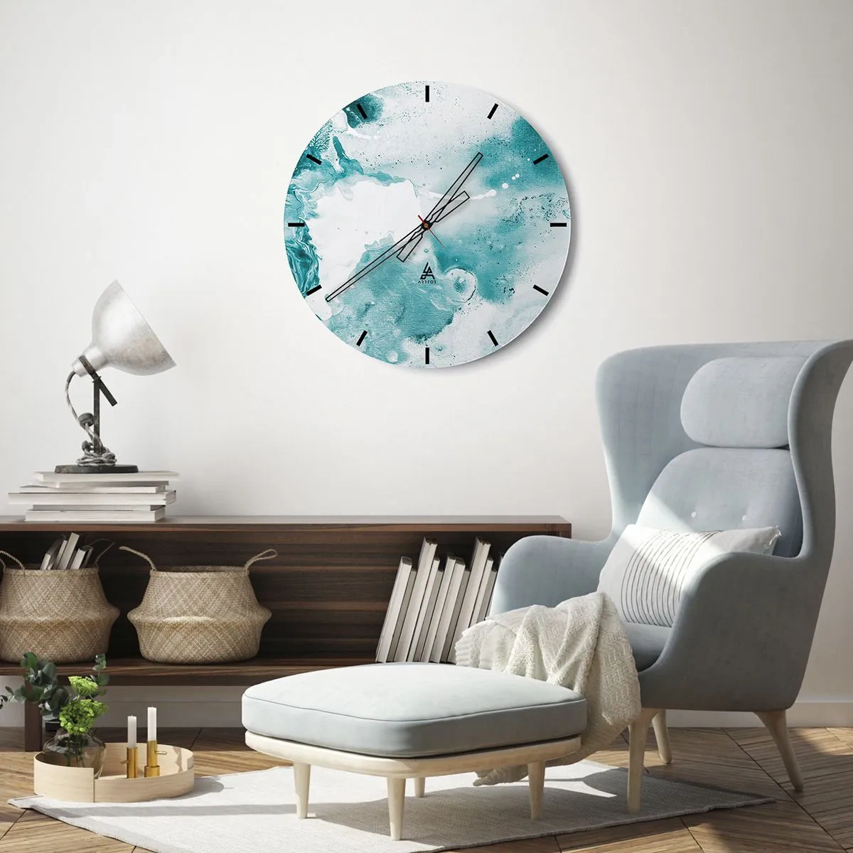 Nástěnné hodiny - Abstraktní kompozice v tyrkysových a bílých odstínech - 30x30cm - Povodí modré - Moderní nástěnná dekorace do obývacího pokoje, kuchyně a ložnice ARTTOR