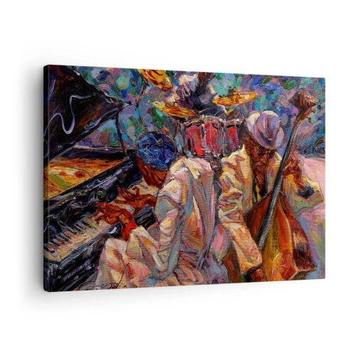 Obraz na plátně - Energická jazzová scéna s hudebníky a nástroji - 70x50cm - V jednom rytmu - Moderní nástěnná dekorace do obývacího pokoje a ložnice ARTTOR