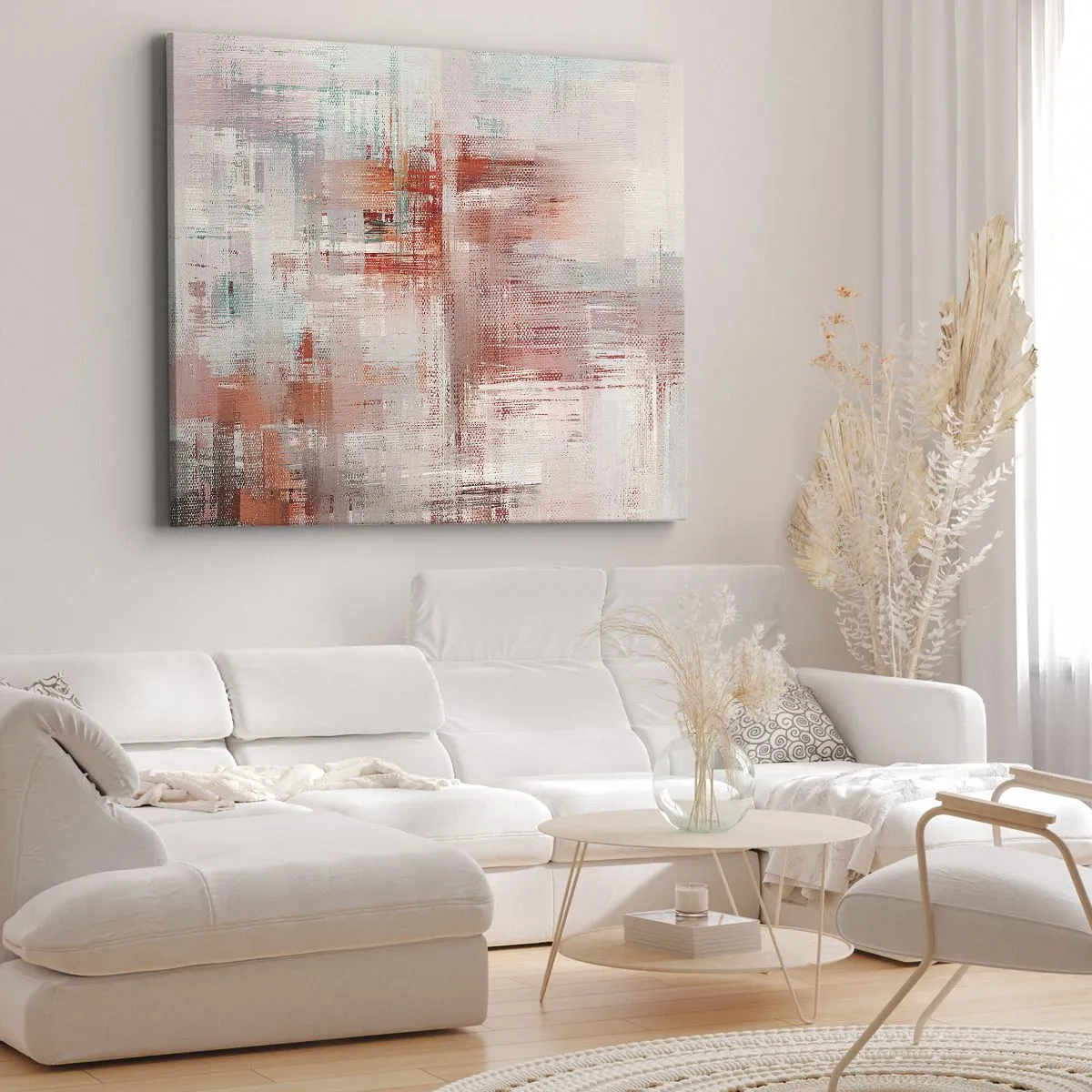 Obraz na plátně - Abstraktní kompozice s odstíny červené a pastelovými barvami. - 70x50cm - Zamlžené. Ale růžové - Moderní nástěnná dekorace do obývacího pokoje a ložnice ARTTOR