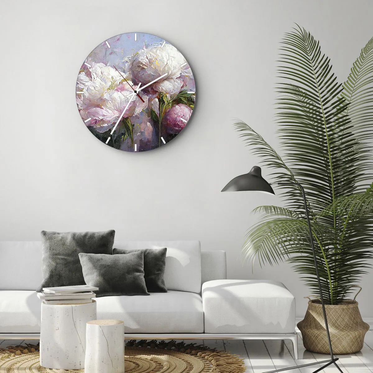 Nástěnné hodiny - Kytice bílých a růžových květin na modrém pozadí - 30x30cm - Kytice překypující životem - Moderní nástěnná dekorace do obývacího pokoje, kuchyně a ložnice ARTTOR