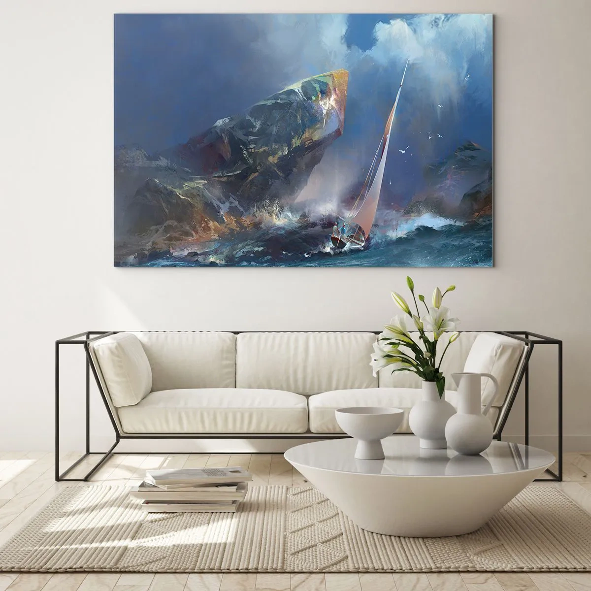 Obraz na skle - Plachetnice v bouři u skalnatého pobřeží - 70x50cm - Kdo má odvahu, vyhrává - Moderní nástěnná dekorace do obývacího pokoje a ložnice ARTTOR