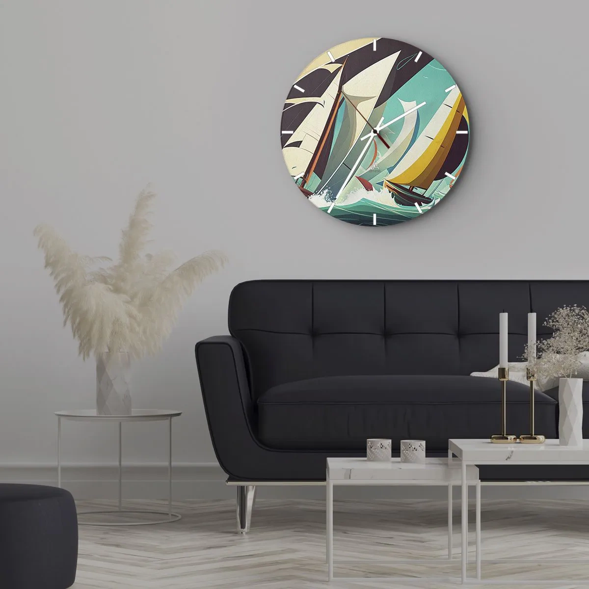 Nástěnné hodiny - Plachetnice v grafickém stylu na bouřlivém tyrkysovém moři - 30x30cm - Jak vycházet s živly - Moderní nástěnná dekorace do obývacího pokoje, kuchyně a ložnice ARTTOR