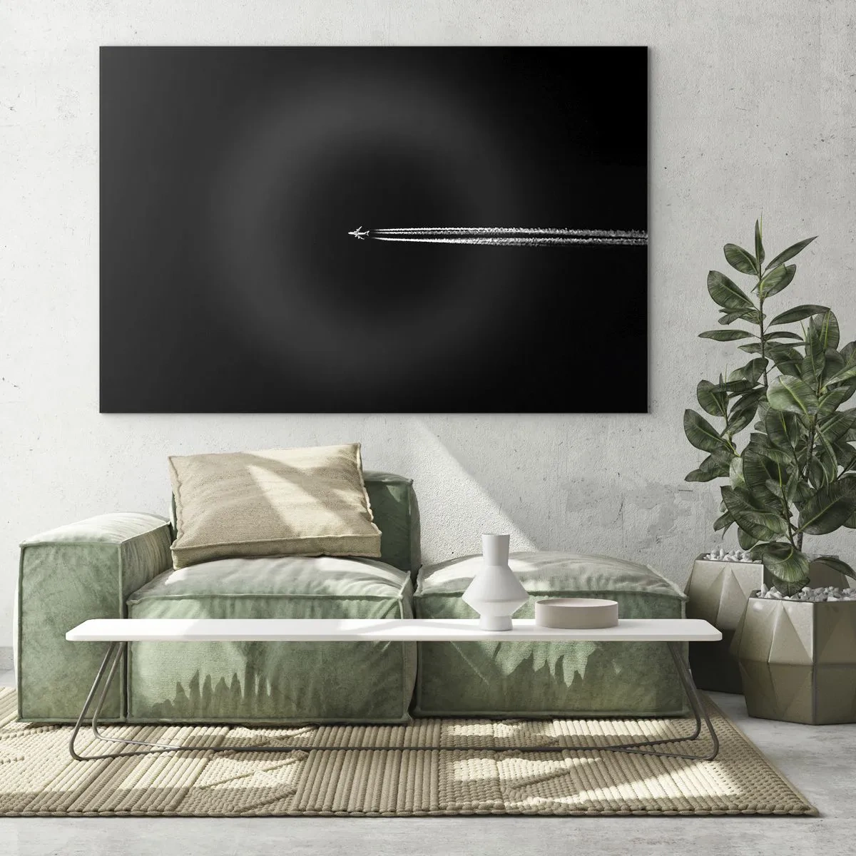 Obraz na skle - Tryskové letadlo na černém pozadí s kondenzační stopou - 70x50cm - Do jiné dimenze - Moderní nástěnná dekorace do obývacího pokoje a ložnice ARTTOR