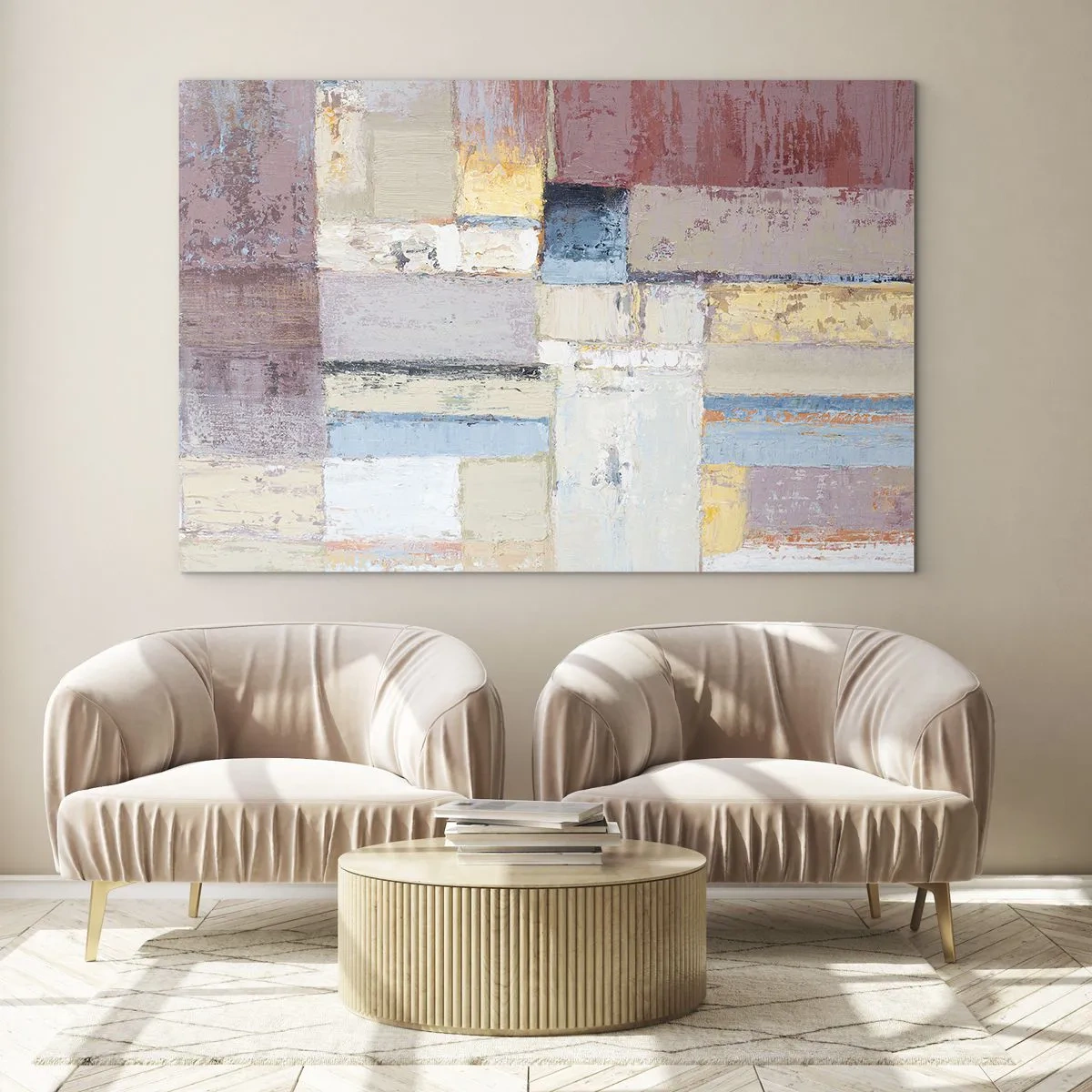 Obraz na skle - Abstraktní geometrické kompozice v pastelových barvách - 70x50cm - Klid geometrie - Moderní nástěnná dekorace do obývacího pokoje a ložnice ARTTOR