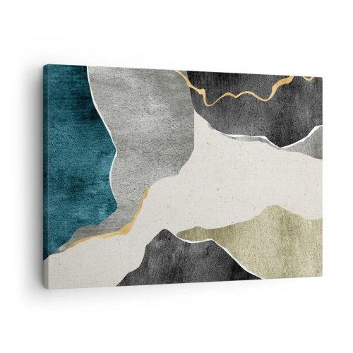 Obraz na plátně - Geometrické tvary v odstínech šedé, zelené a zlaté - 70x50cm - Mozaiková kompozice se zlatou nití - Moderní nástěnná dekorace do obývacího pokoje a ložnice ARTTOR