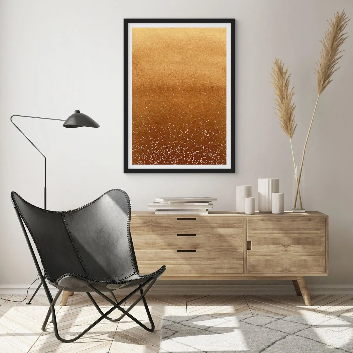 Plakát v černém rámu - Zlatý gradient s drobnými třpytivými prvky - 50x70cm - Zrození světla - Moderní nástěnná dekorace do obývacího pokoje a ložnice ARTTOR