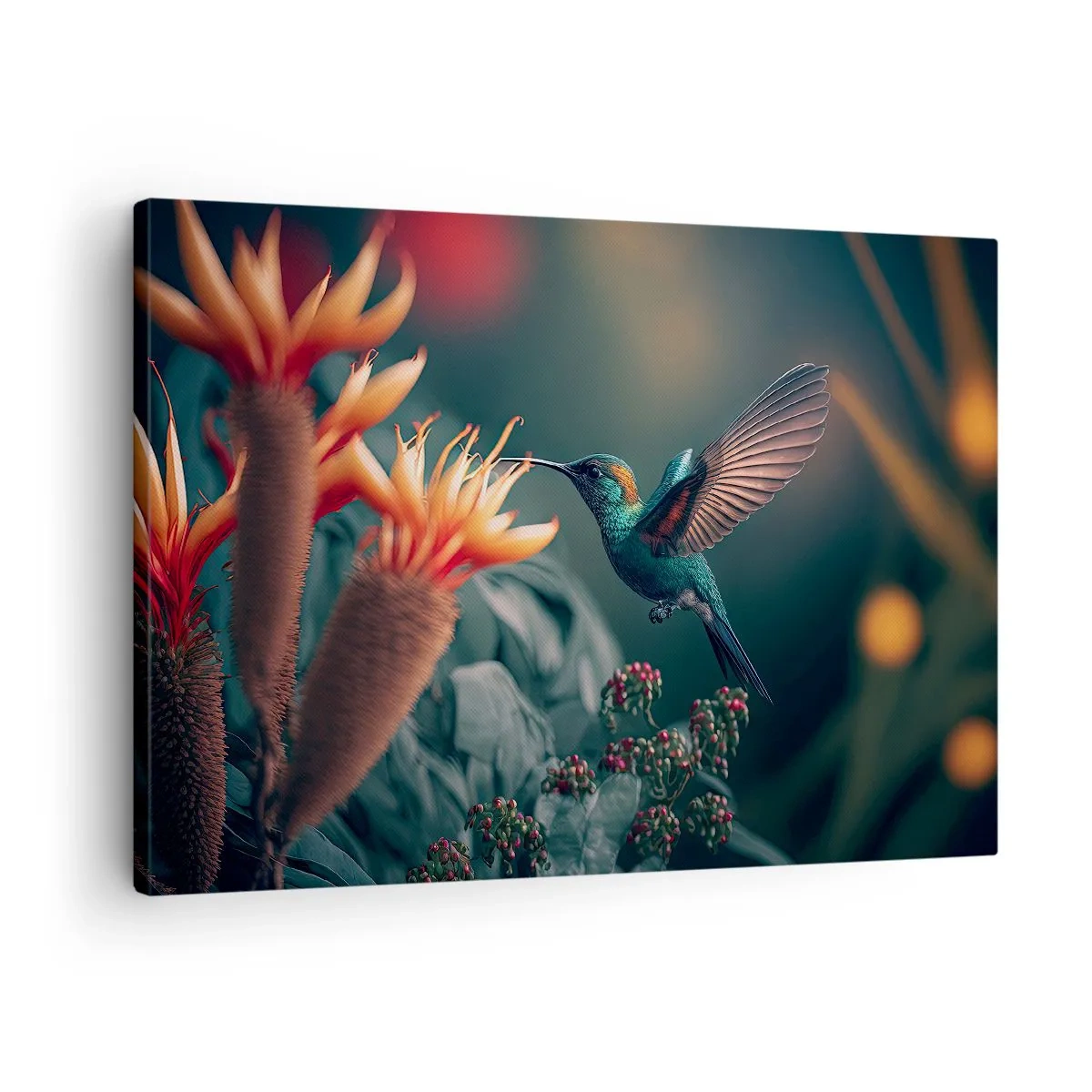 Obraz na plátně - Barevný kolibřík u květin na přírodním pozadí - 70x50cm - Skutečně pestrý život - Moderní nástěnná dekorace do obývacího pokoje a ložnice ARTTOR