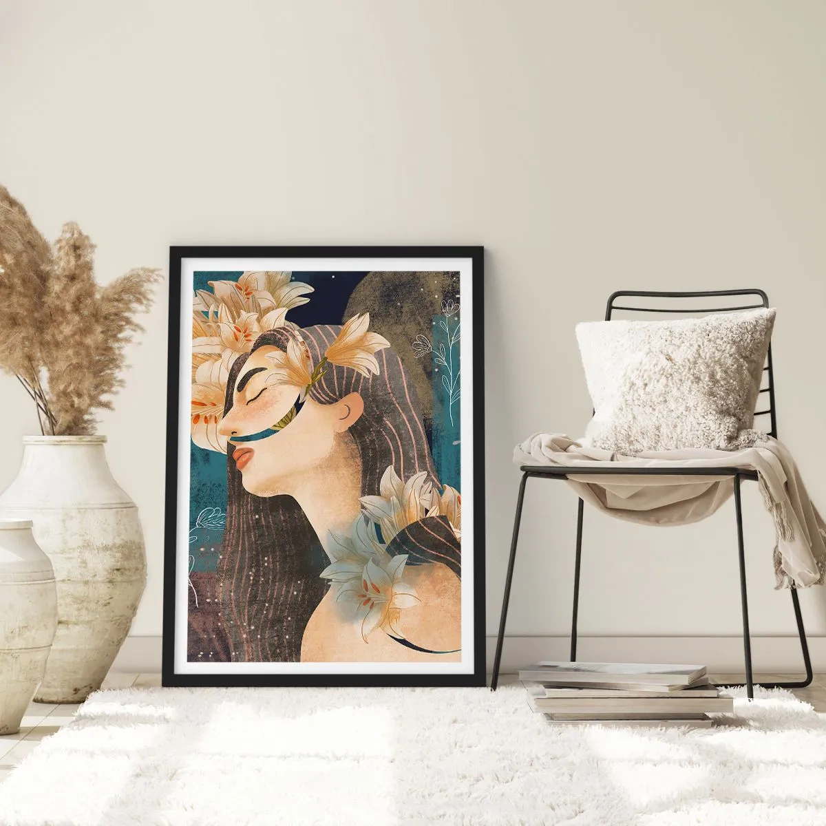 Plakát v černém rámu - Profil ženy obklopené liliemi na tmavě modrém pozadí - 50x70cm - Pohádka o princezně s liliemi - Moderní nástěnná dekorace do obývacího pokoje a ložnice ARTTOR