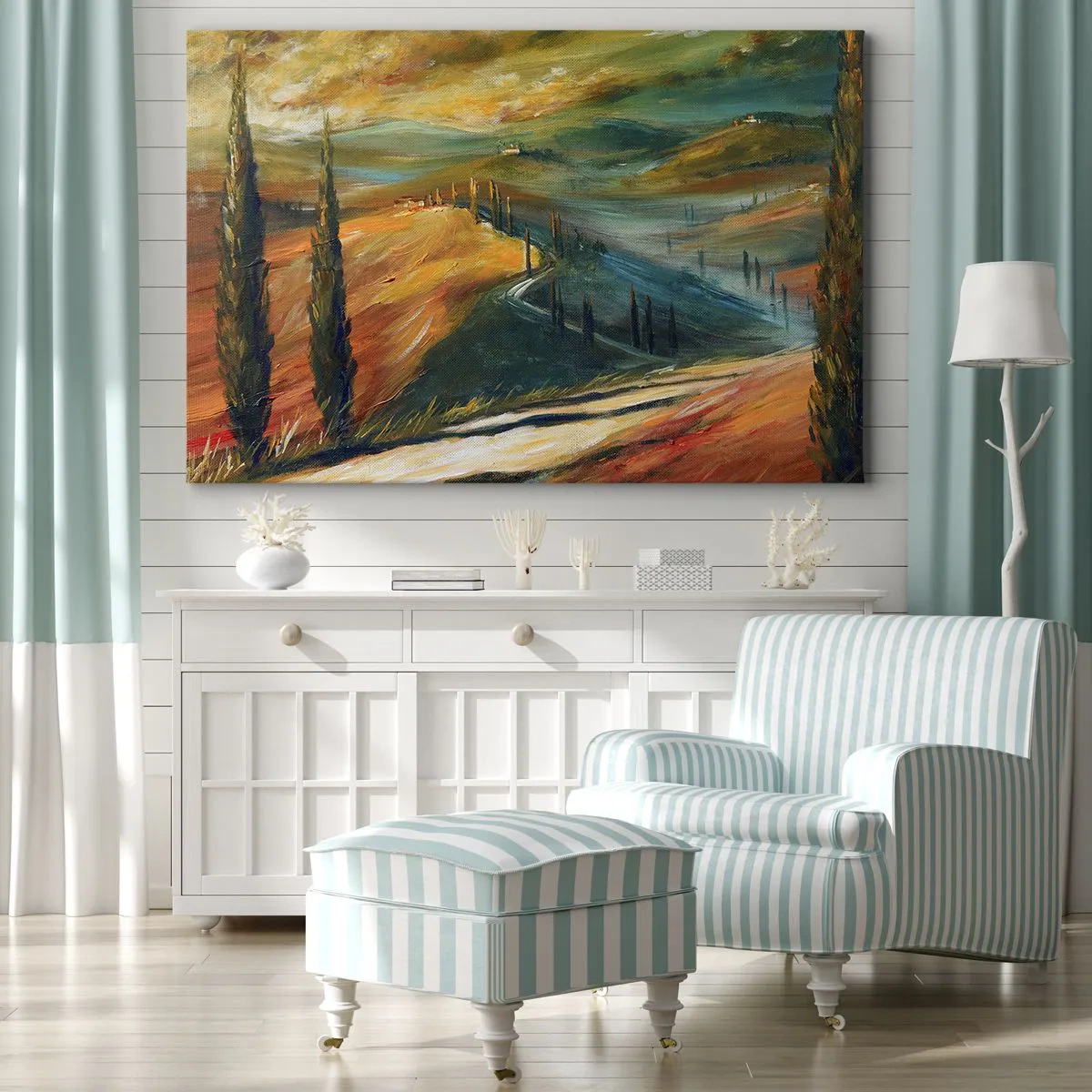 Obraz na plátně - Toskánská krajina s poli, silnicí a cypřiši - 70x50cm - Toskánská krajina - Moderní nástěnná dekorace do obývacího pokoje a ložnice ARTTOR