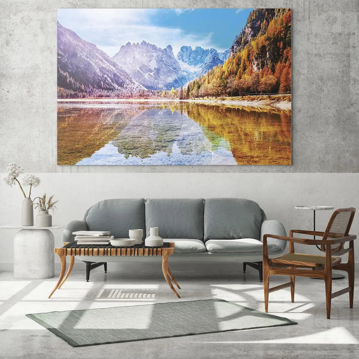 Obraz na skle - Podzimní hory se odrážejí v jezeře, obklopené barevnými stromy - 70x50cm - A v horách už je podzim - Moderní nástěnná dekorace do obývacího pokoje a ložnice ARTTOR