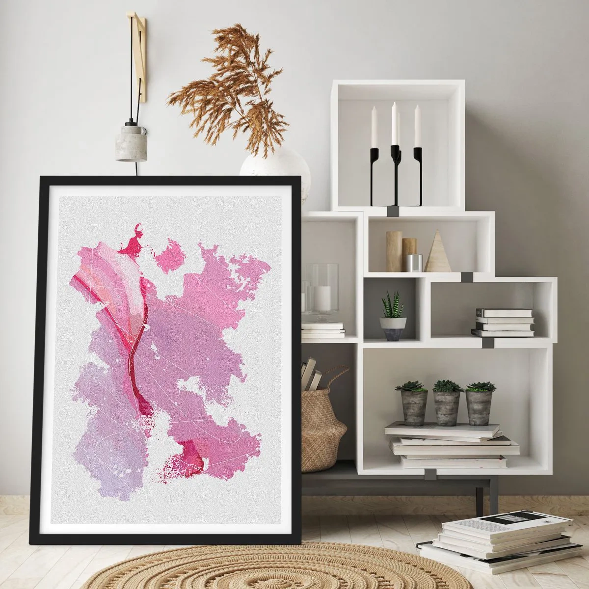Plakát v černém rámu - Abstraktní mapa v odstínech růžové a fialové - 50x70cm - Mapa růžového světa - Moderní nástěnná dekorace do obývacího pokoje a ložnice ARTTOR