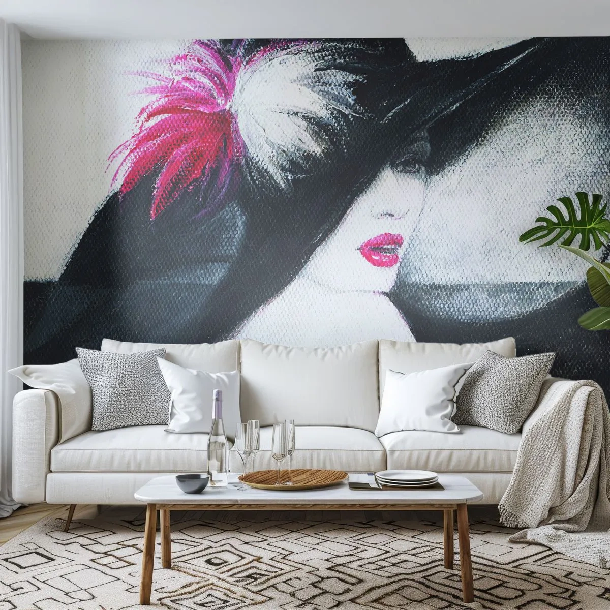 Fototapeta Samolepicí Deluxe Sticker - Vždy tajemství - žena V Klobouku, ženská tvář, červené rty - 500x350 cm