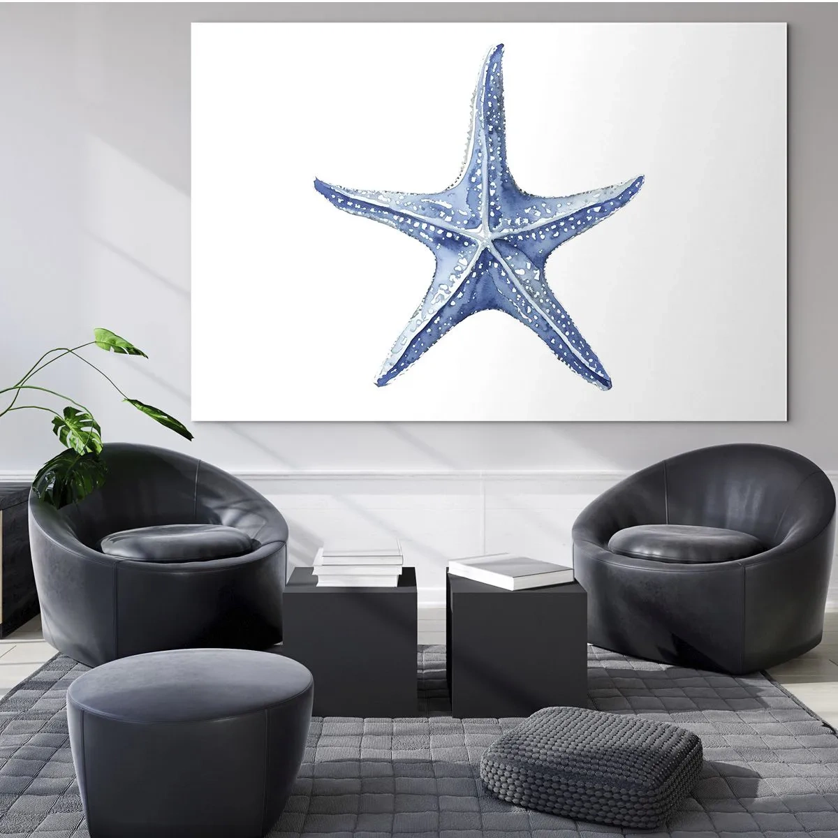Obraz na skle - Modrá hvězdice na bílém pozadí ve stylu akvarelu - 70x50cm - Hvězda moře - Moderní nástěnná dekorace do obývacího pokoje a ložnice ARTTOR