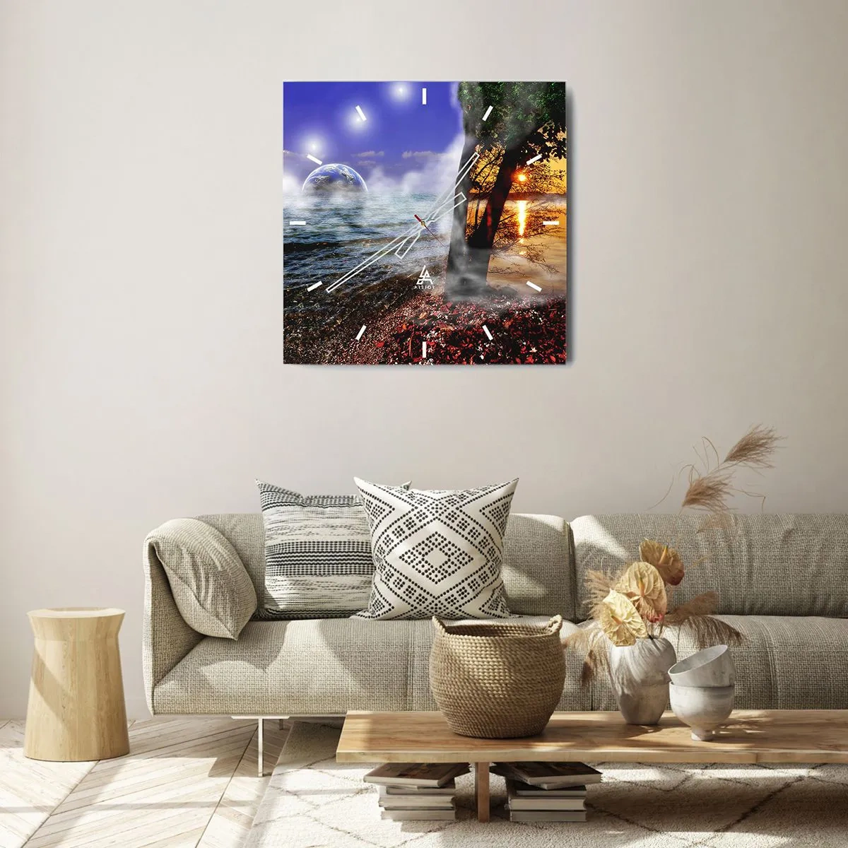 Nástěnné hodiny - Surrealistická krajina - jednota přírody - 40x40 cm