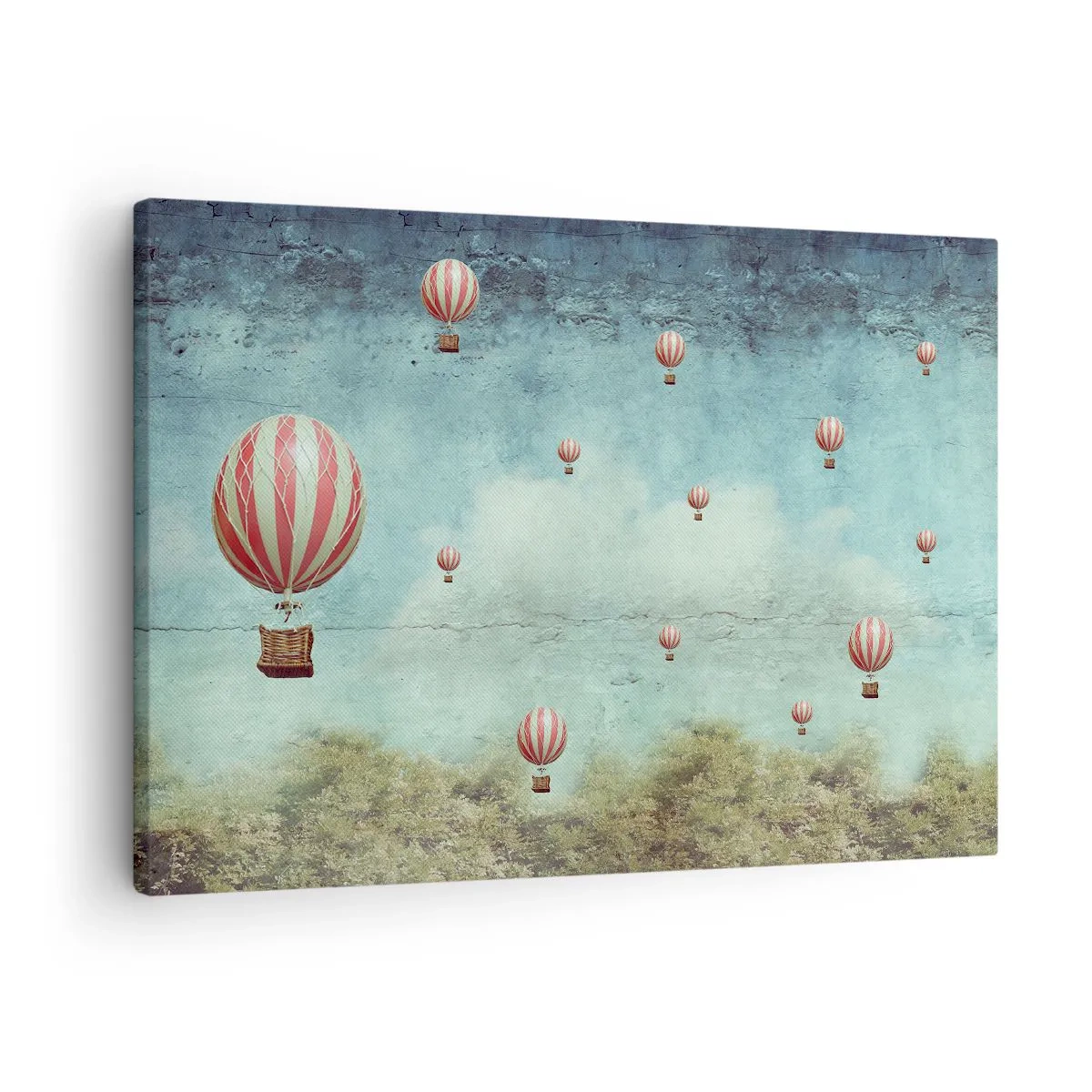 Obraz na plátně - Retro balónky na pozadí modré oblohy a zeleně - 70x50cm - Osvobozeni od shonu života - Moderní nástěnná dekorace do obývacího pokoje a ložnice ARTTOR