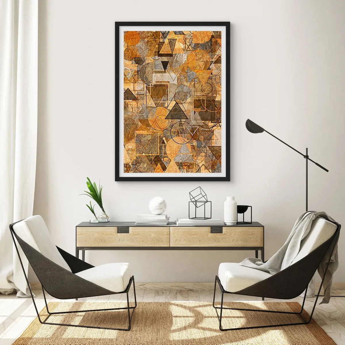 Plakát v černém rámu - Zlatá abstraktní geometrická kompozice - 50x70cm - Svět zachycený v podobě - Moderní nástěnná dekorace do obývacího pokoje a ložnice ARTTOR