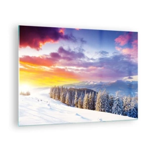 Obraz na skle - Zimní horská krajina se zasněženými stromy a barevnou oblohou - 70x50cm - Za bílého dne - Moderní nástěnná dekorace do obývacího pokoje a ložnice ARTTOR