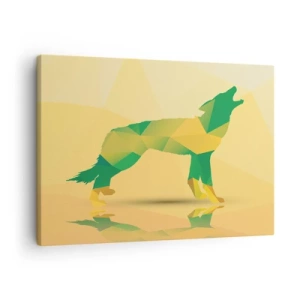 Obraz na plátně - Geometrická silueta vlka v zelených a žlutých odstínech - 70x50cm - Samotný vlk - Moderní nástěnná dekorace do obývacího pokoje a ložnice ARTTOR