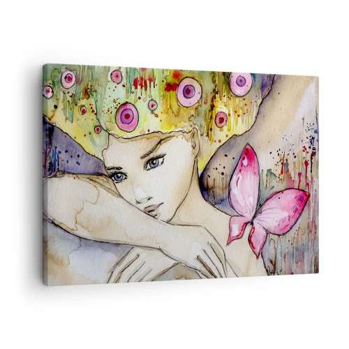 Obraz na plátně - Žena s abstraktním účesem a růžovým motýlem - 70x50cm - Motýlí princezna - Moderní nástěnná dekorace do obývacího pokoje a ložnice ARTTOR