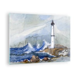 Obraz na skle - Maják u rozbouřeného moře v akvarelovém stylu - 70x50cm - Proti tmě a hromobití - Moderní nástěnná dekorace do obývacího pokoje a ložnice ARTTOR