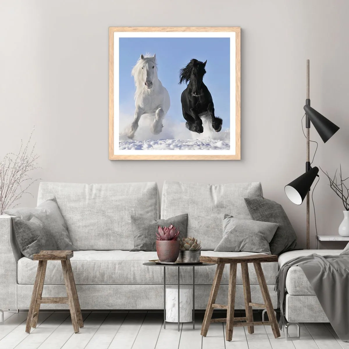 Plakát v rámu světlý dub - Černo-bílý cval - 30x30 cm