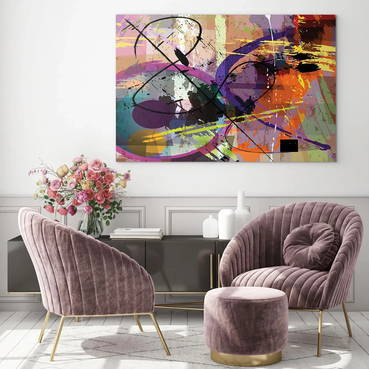 Obraz na skle - Barevné abstraktní tvary a linie v dynamické kompozici - 70x50cm - Lze přímo nebo kolem - Moderní nástěnná dekorace do obývacího pokoje a ložnice ARTTOR