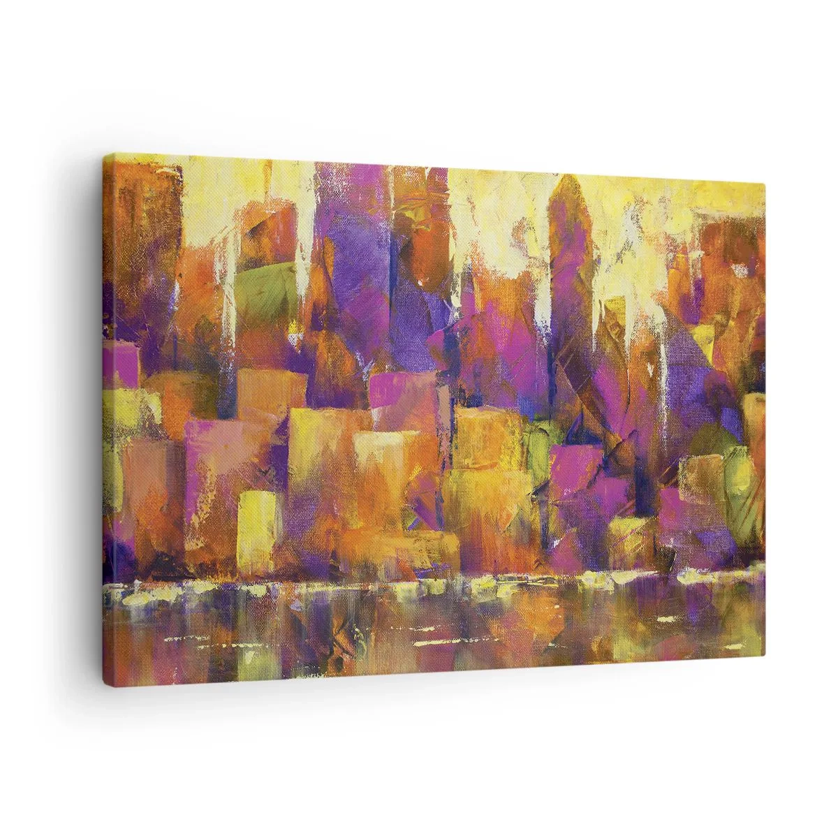 Obraz na plátně - Abstraktní kompozice metropole v odstínech žluté a fialové - 70x50cm - Metropolitní kompozice - Moderní nástěnná dekorace do obývacího pokoje a ložnice ARTTOR