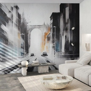 Fototapeta Standard Eco - Moderní interpretace městské ulice s obloukem a auty - 100x70cm - Studie města: architektura a pohyb - Moderní nástěnná dekorace do obývacího pokoje a ložnice ARTTOR